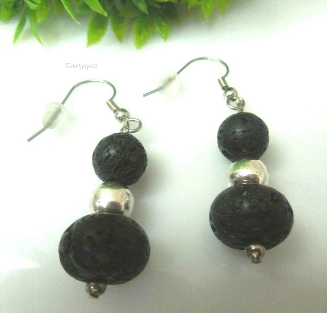 q613 Black Lava Beads and Silver Balls Earrings .925 Sterling Silver Hook Drop Dangle Earrings