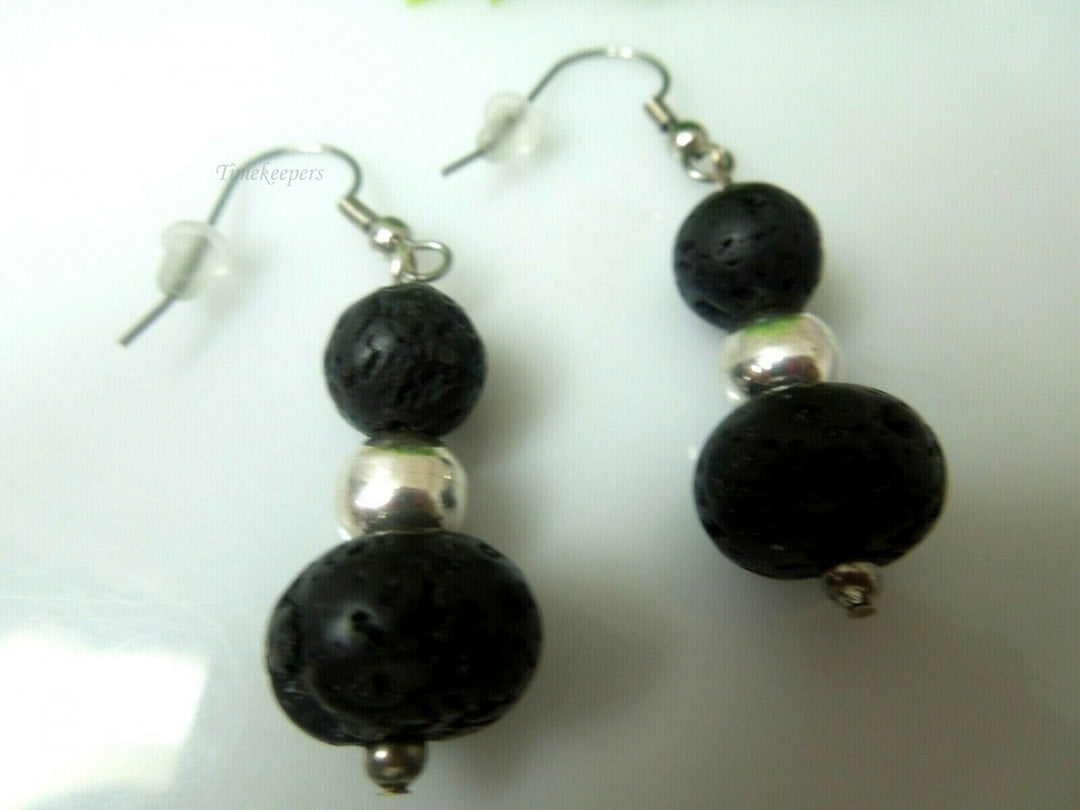 q613 Black Lava Beads and Silver Balls Earrings .925 Sterling Silver Hook Drop Dangle Earrings