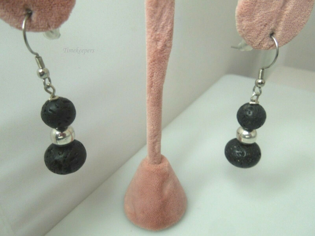 q613 Black Lava Beads and Silver Balls Earrings .925 Sterling Silver Hook Drop Dangle Earrings