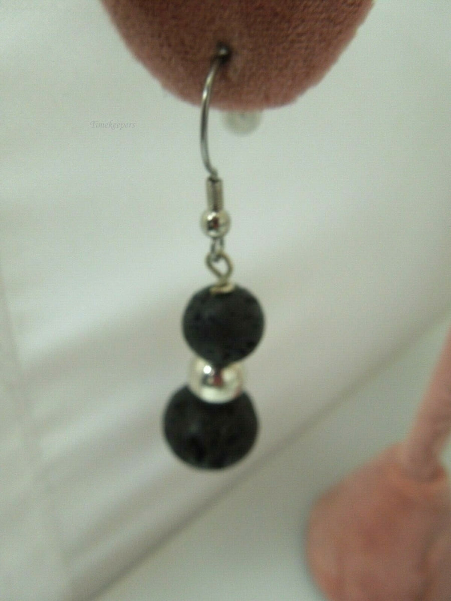 q613 Black Lava Beads and Silver Balls Earrings .925 Sterling Silver Hook Drop Dangle Earrings