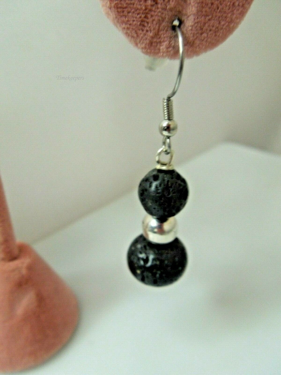 q613 Black Lava Beads and Silver Balls Earrings .925 Sterling Silver Hook Drop Dangle Earrings