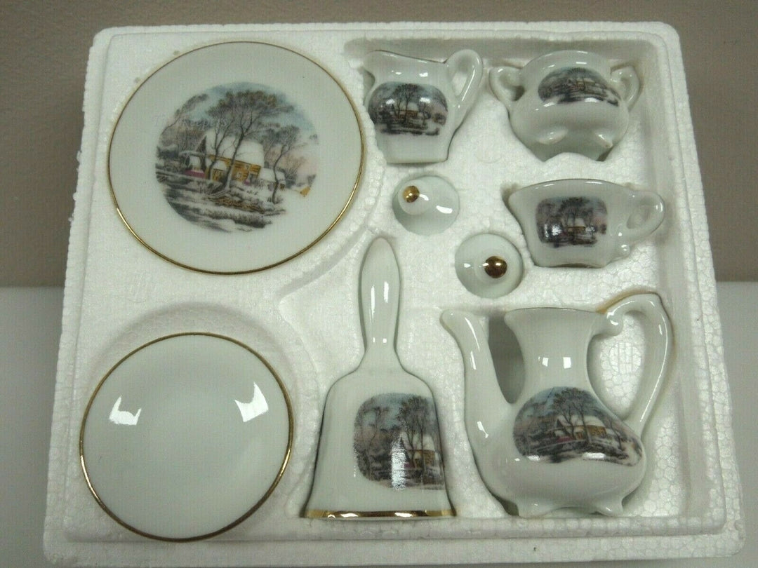 q918 AVON Small Treasures Mini Porcelain Tea Set Currier & Ives in Miniature Complete