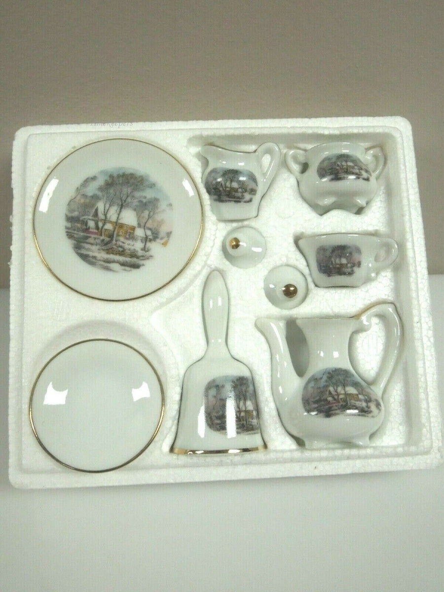 q918 AVON Small Treasures Mini Porcelain Tea Set Currier & Ives in Miniature Complete