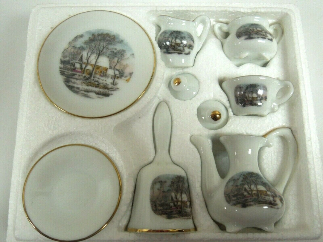 q918 AVON Small Treasures Mini Porcelain Tea Set Currier & Ives in Miniature Complete