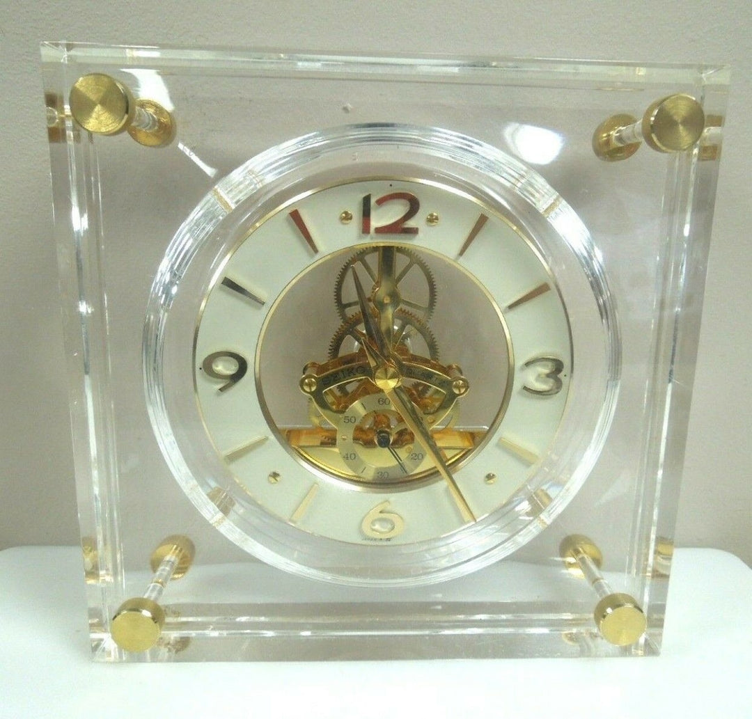 r007 Seiko Vintage Quartz Mantle Desk Lucite Skeleton Clock