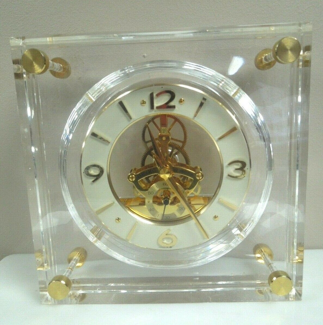 r007 Seiko Vintage Quartz Mantle Desk Lucite Skeleton Clock