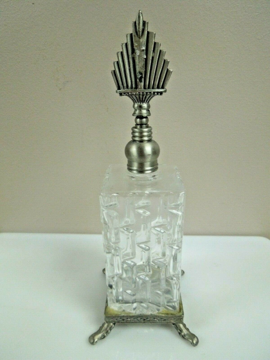 r009 Decorative Glass Perfume Bottle with Footed Base Clear Silver Tone Dabber - 8" Tall