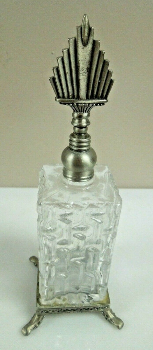 r009 Decorative Glass Perfume Bottle with Footed Base Clear Silver Tone Dabber - 8" Tall