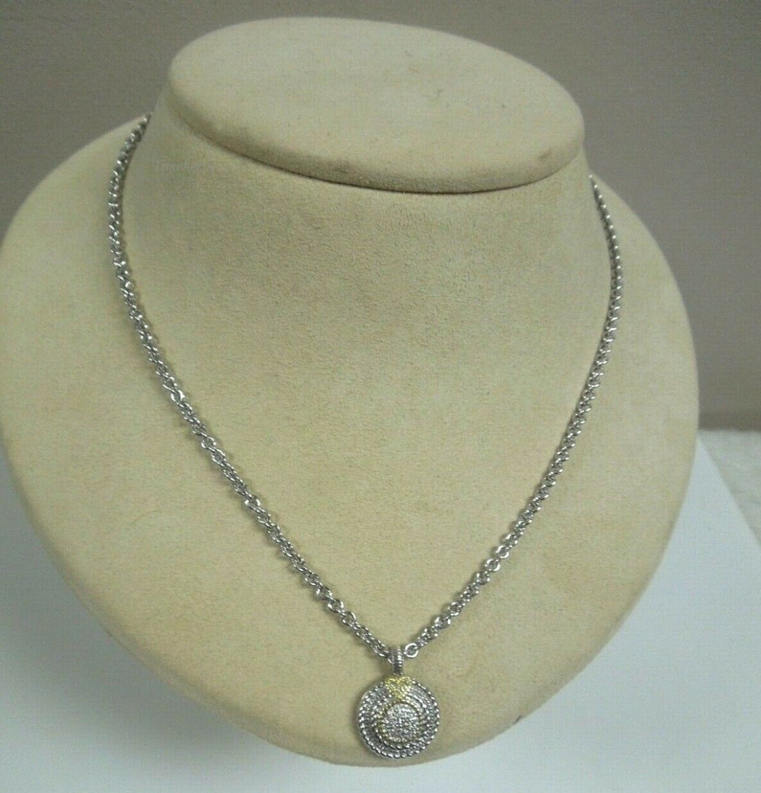 r024 Judith Ripka Jr Two Pave Diamond .10cts Circle Necklace in Sterling and 18K Gold