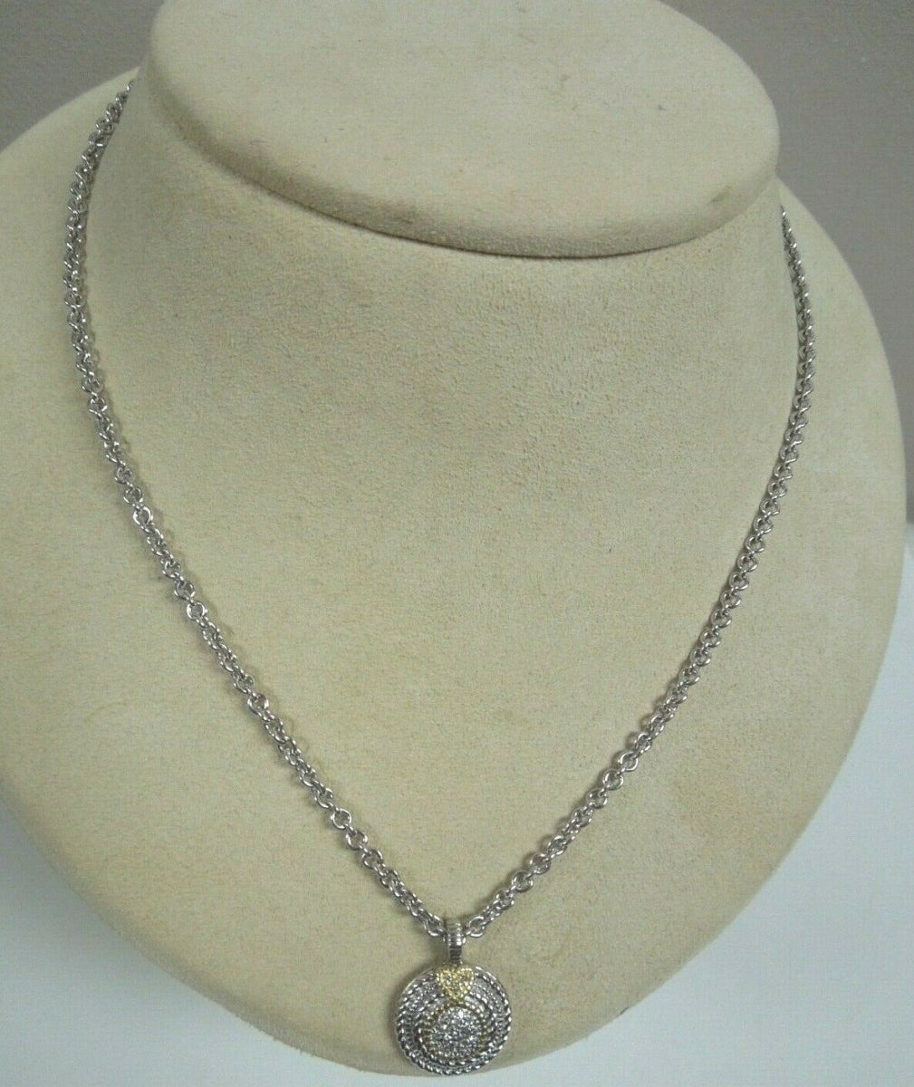 r024 Judith Ripka Jr Two Pave Diamond .10cts Circle Necklace in Sterling and 18K Gold