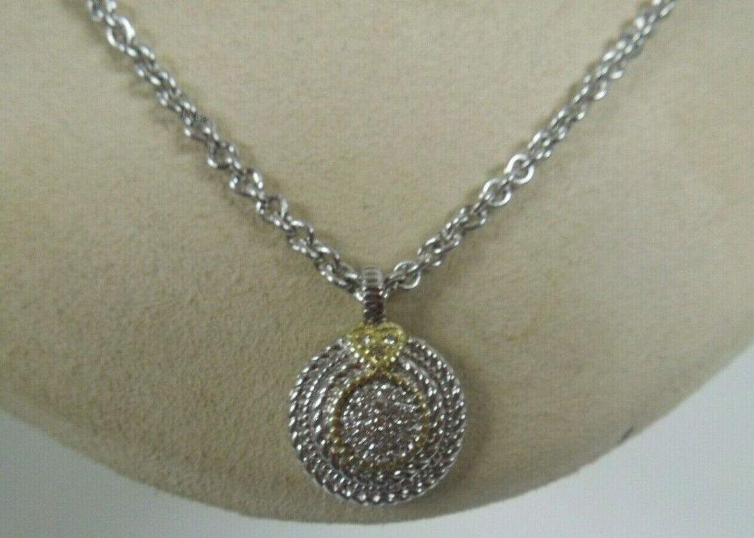 r024 Judith Ripka Jr Two Pave Diamond .10cts Circle Necklace in Sterling and 18K Gold