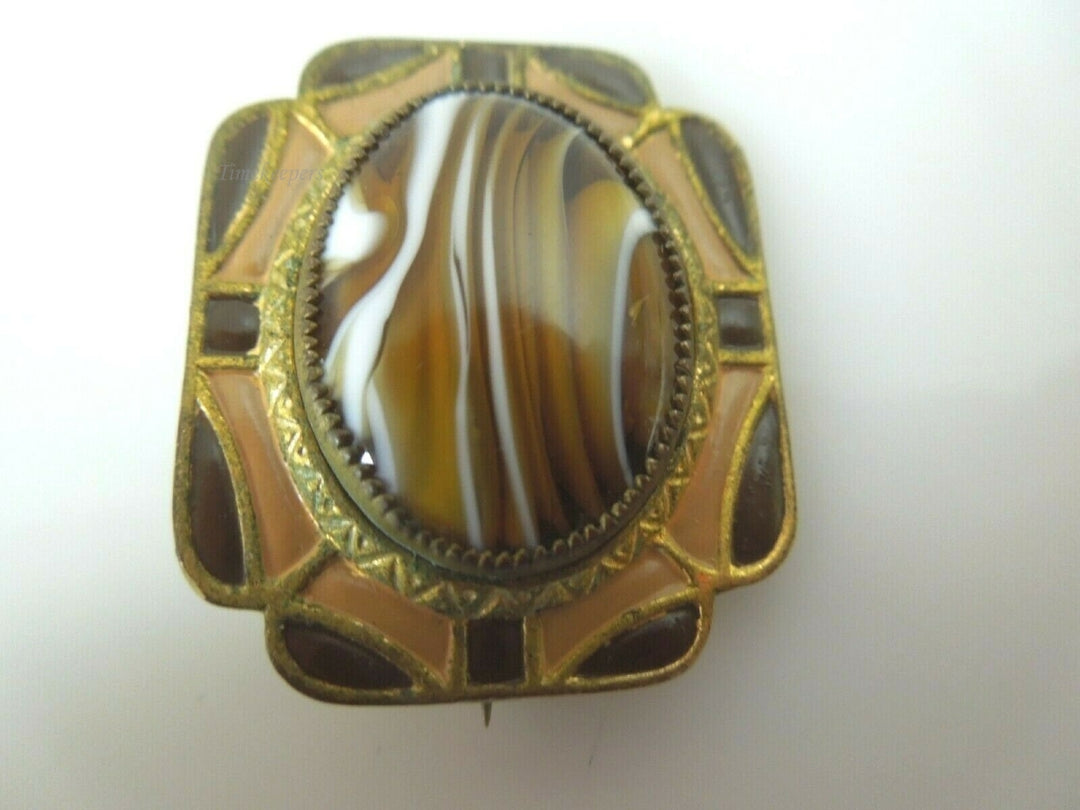 r056 Antique Victorian Alley Agate Swirl Marble with Butterscotch & Root Beer Brown Brooch Pin