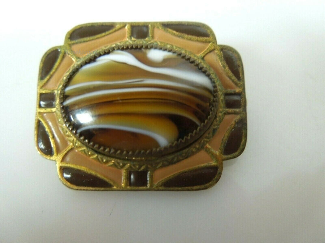 r056 Antique Victorian Alley Agate Swirl Marble with Butterscotch & Root Beer Brown Brooch Pin