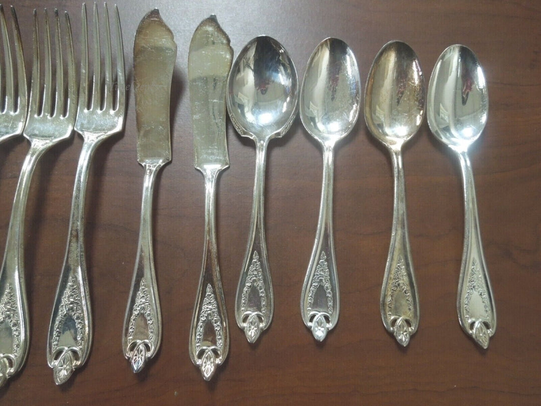 r223 Set of 12 Antique Silverware 1847 WM Rogers Bros Silver Plate SPOONS FORKS Soup Spoons