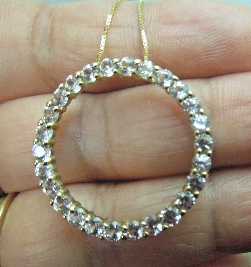 r237 10kt Yellow Gold Cubic Zirconia Round Pendant 18" Box Chain Signed 3.3g