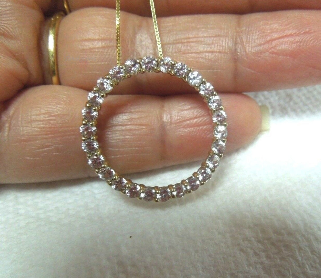 r237 10kt Yellow Gold Cubic Zirconia Round Pendant 18" Box Chain Signed 3.3g