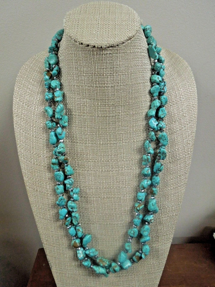 s330 Vintage Navajo Native American Turquoise Nugget Long Necklace 62"