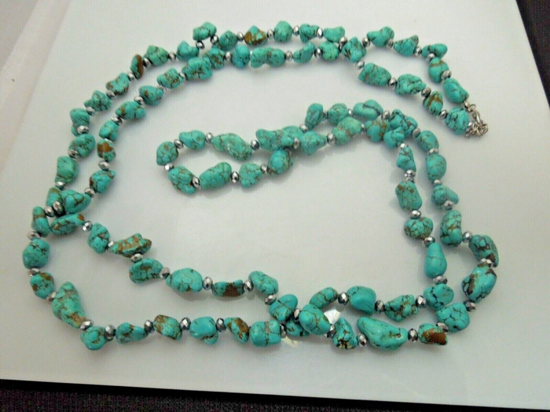 s330 Vintage Navajo Native American Turquoise Nugget Long Necklace 62"