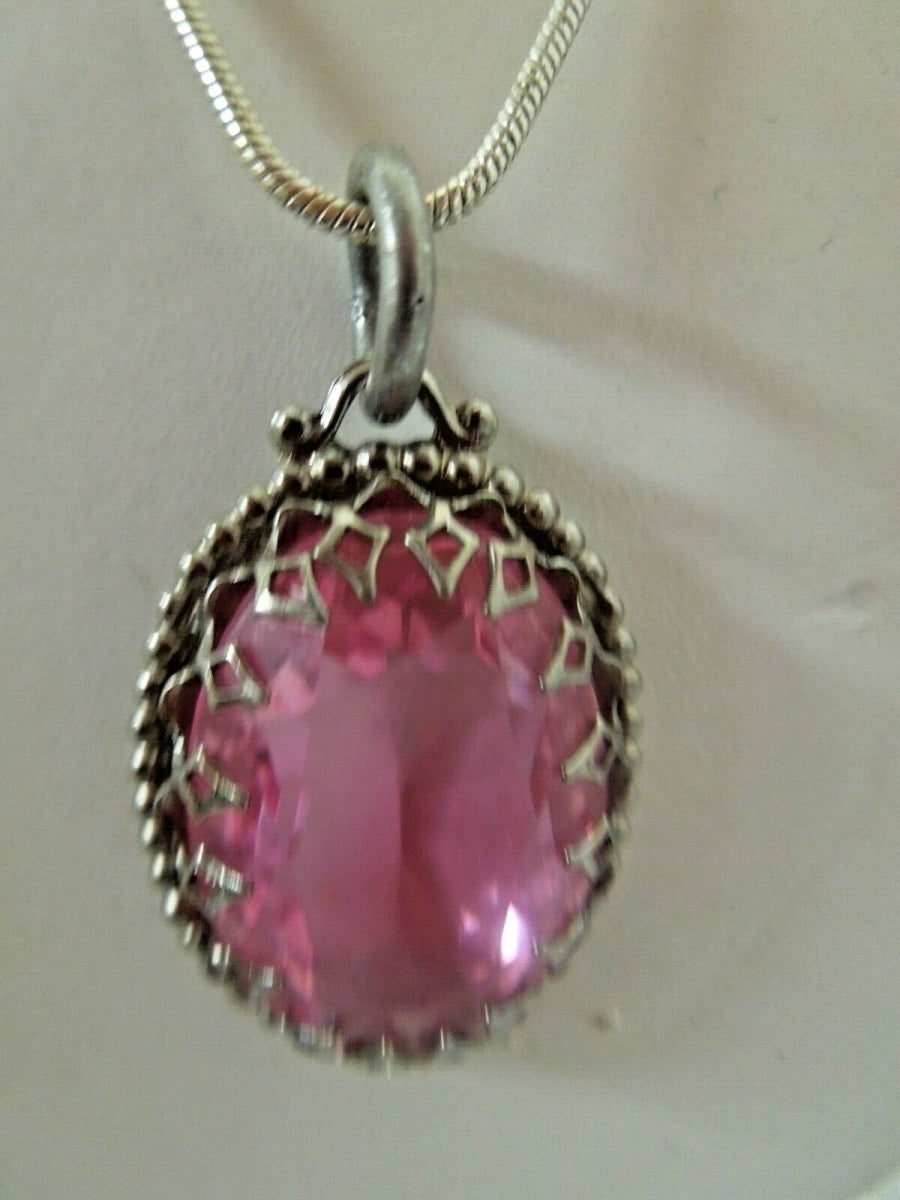 r331 Silver tone Chain with Pink Oval Synthetic Pendant Necklace 18"