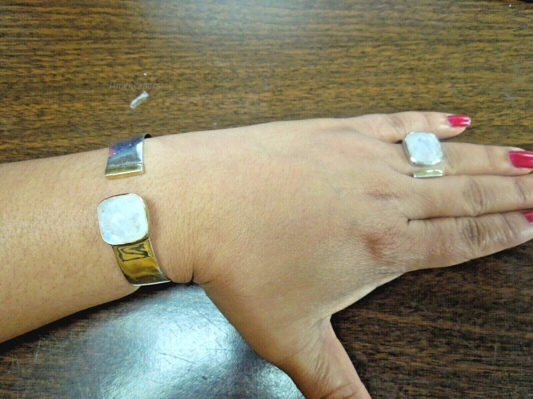 r333 Sterling Silver 925 with Moonstone Cuff Bracelet and Sterling Silver Cuff Ring with Moonstone Made In Indian Stamped