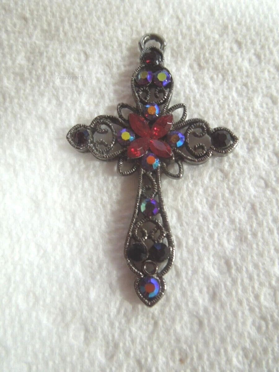 r364 Vintage Silver Tone Spiritual Symbol Rhinestone Cross Pendant