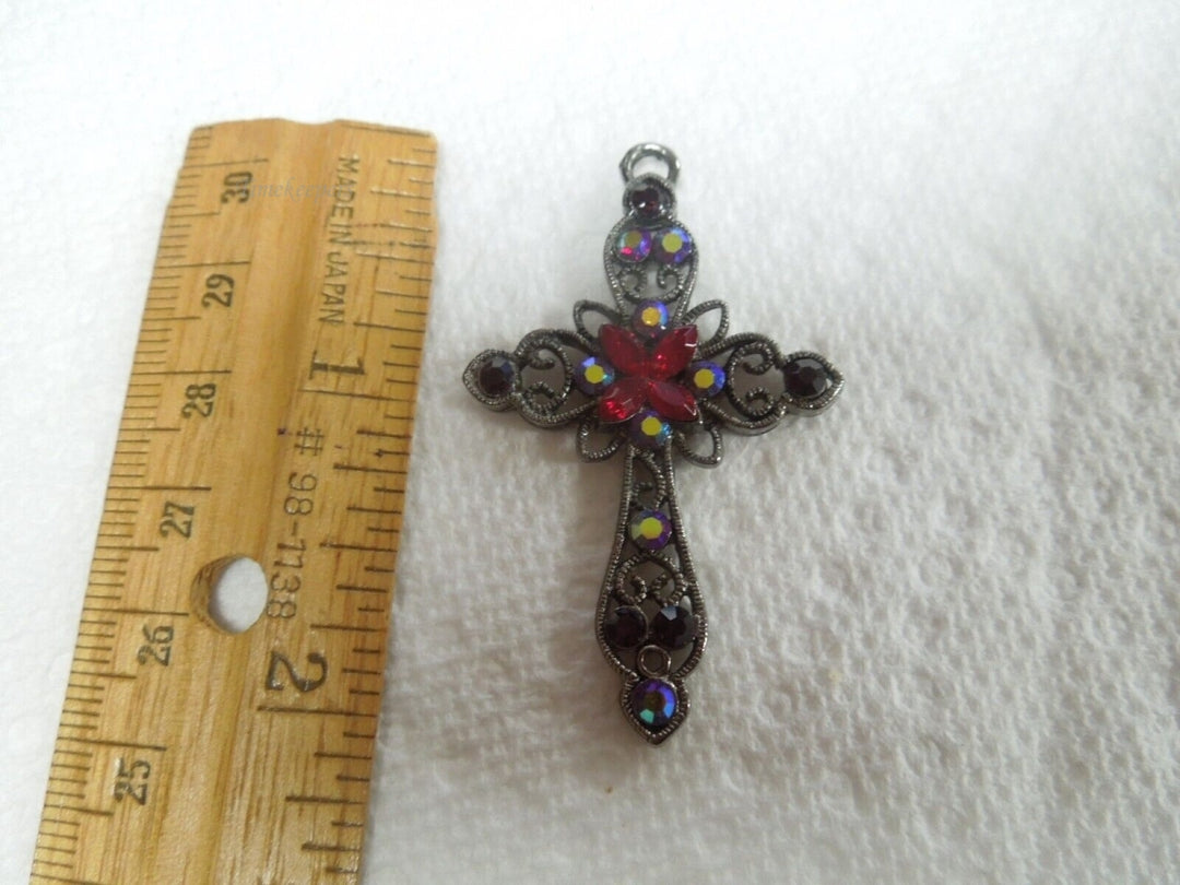 r364 Vintage Silver Tone Spiritual Symbol Rhinestone Cross Pendant