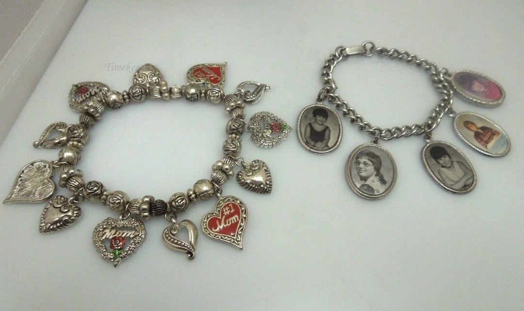 r366 Set of 2 Silvertone Charm Bracelet Vintage