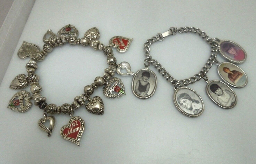 r366 Set of 2 Silvertone Charm Bracelet Vintage