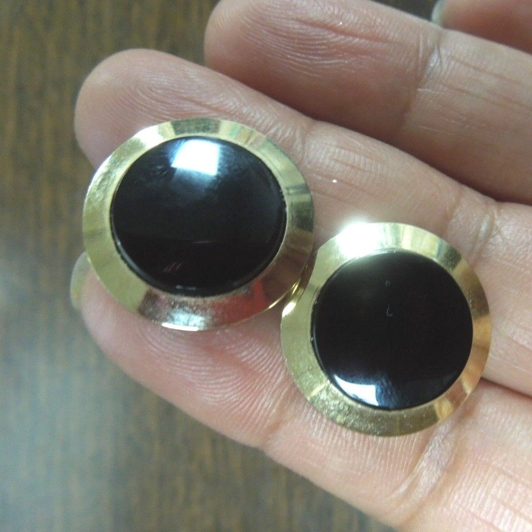 r367 Vintage Anson Black Onyx & Gold Tone Round Cufflinks