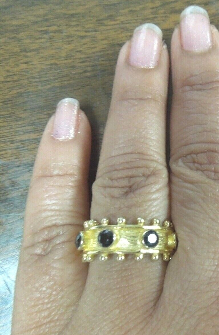 r413 Sterling Silver Gold plated/goldwash tiny black onyx all over Ring Size 7.25 Made In India