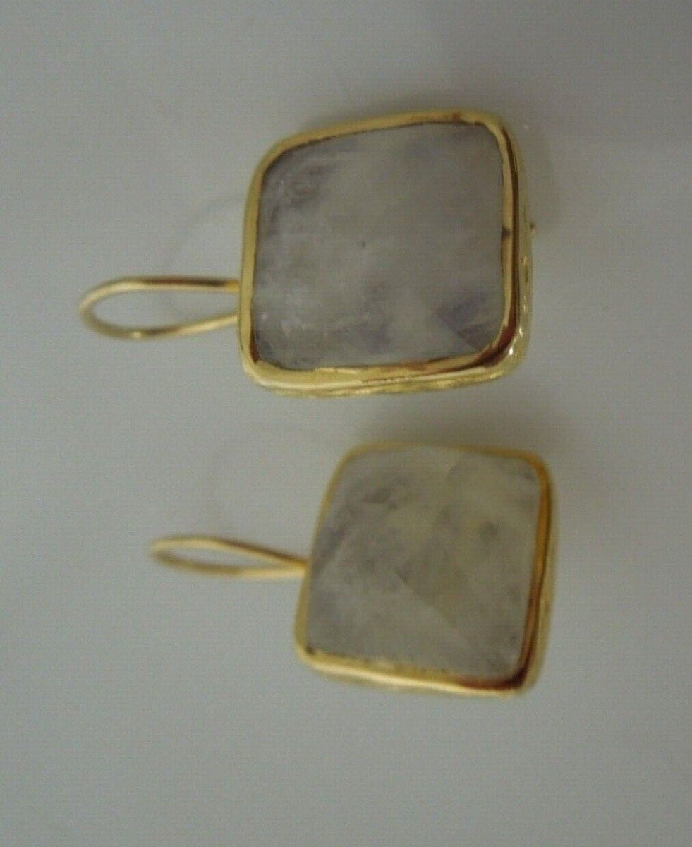 r416 Sterling Silver 925 Gold Wash Moonstone Dangle Earrings Signed 7.4g