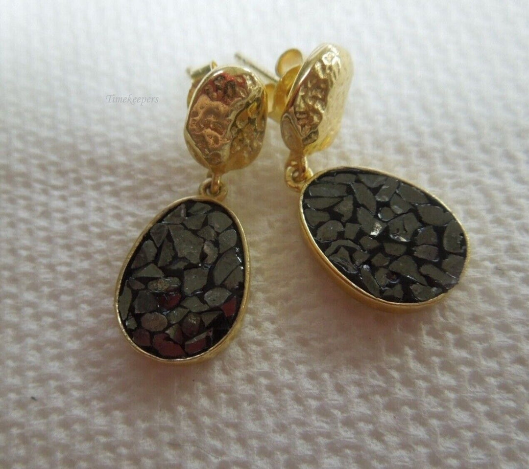 r418 Sterling Silver 925 Gold Wash Carbonado(Black Diamond) Post Dangle & Drop Earrings Signed 5.8g