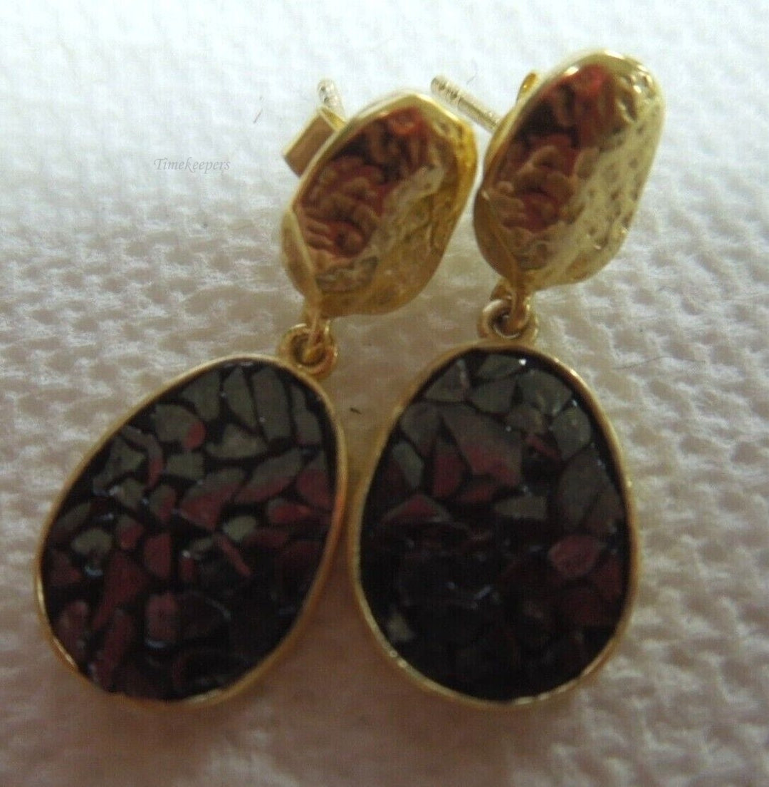 r418 Sterling Silver 925 Gold Wash Carbonado(Black Diamond) Post Dangle & Drop Earrings Signed 5.8g