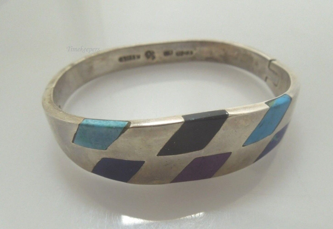 r446 VTG Sterling Silver Bangle Bracelet 47.5 g Turquoise Multi Color Gem Mexico 7- 7.25