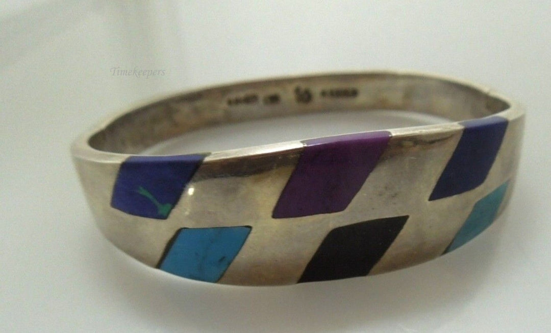 r446 VTG Sterling Silver Bangle Bracelet 47.5 g Turquoise Multi Color Gem Mexico 7- 7.25