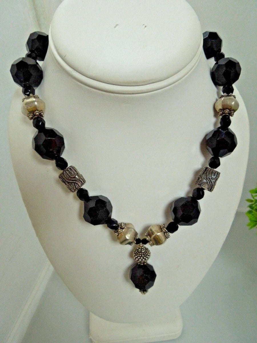 r447 Sterling Silver Black Onyx Chunky Beads marcasite Toggle Necklace 20"