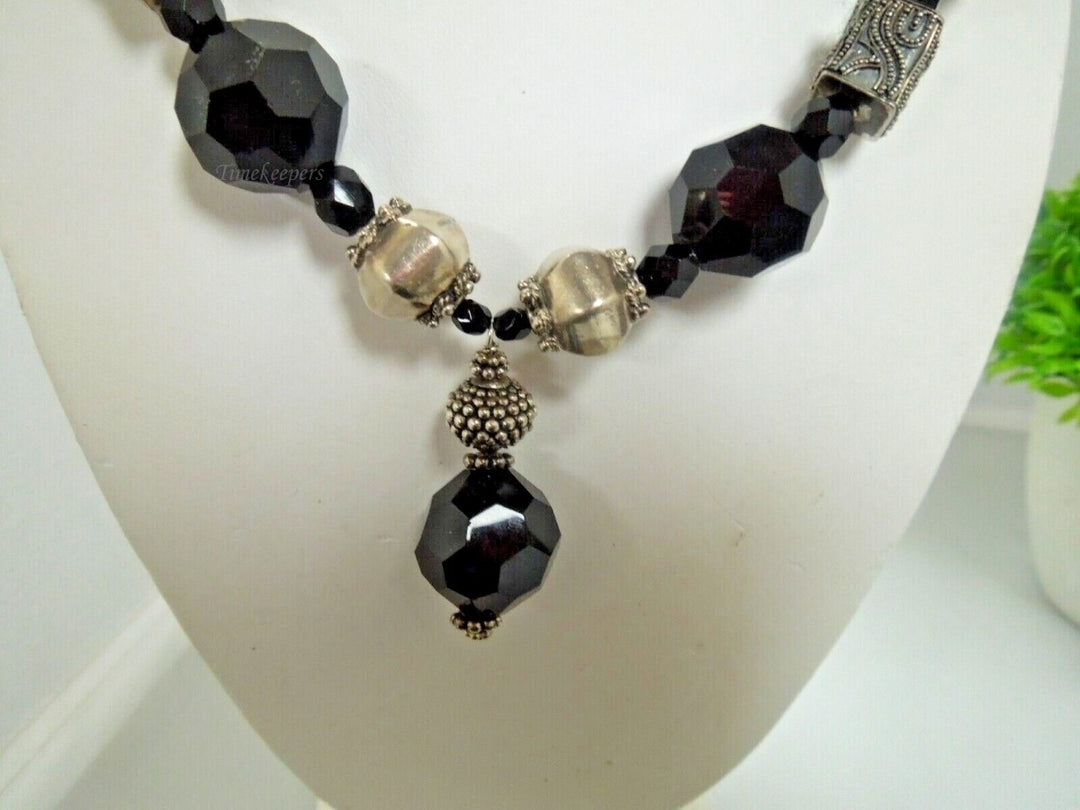 r447 Sterling Silver Black Onyx Chunky Beads marcasite Toggle Necklace 20"