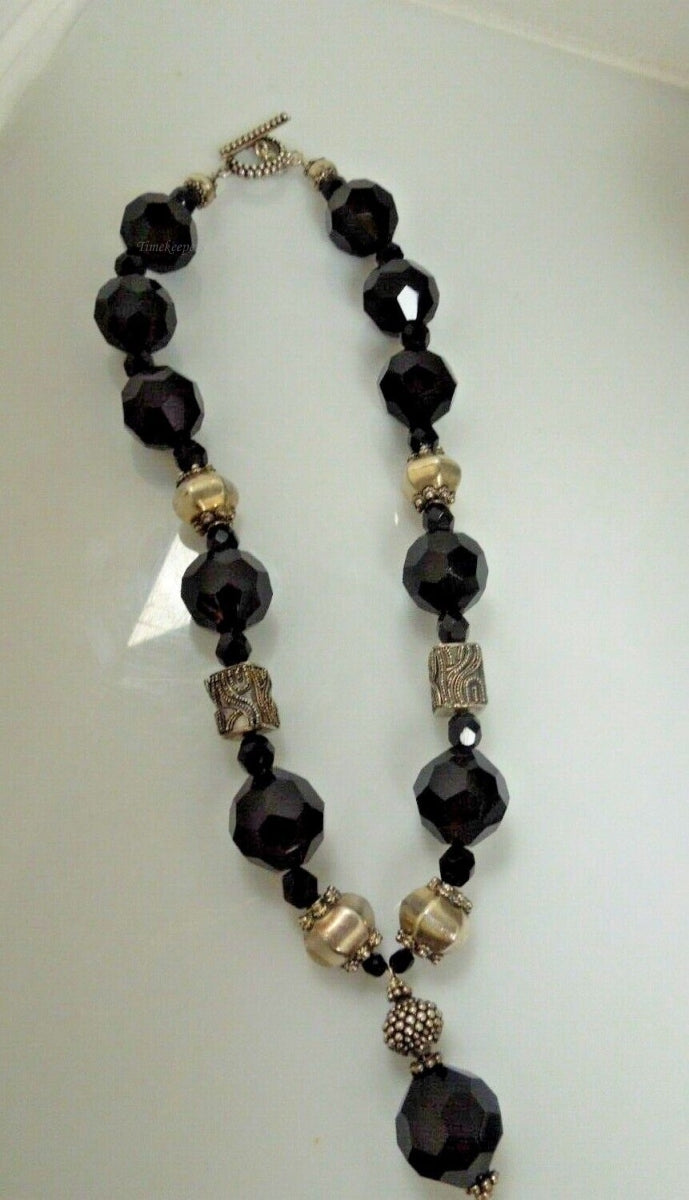 r447 Sterling Silver Black Onyx Chunky Beads marcasite Toggle Necklace 20"