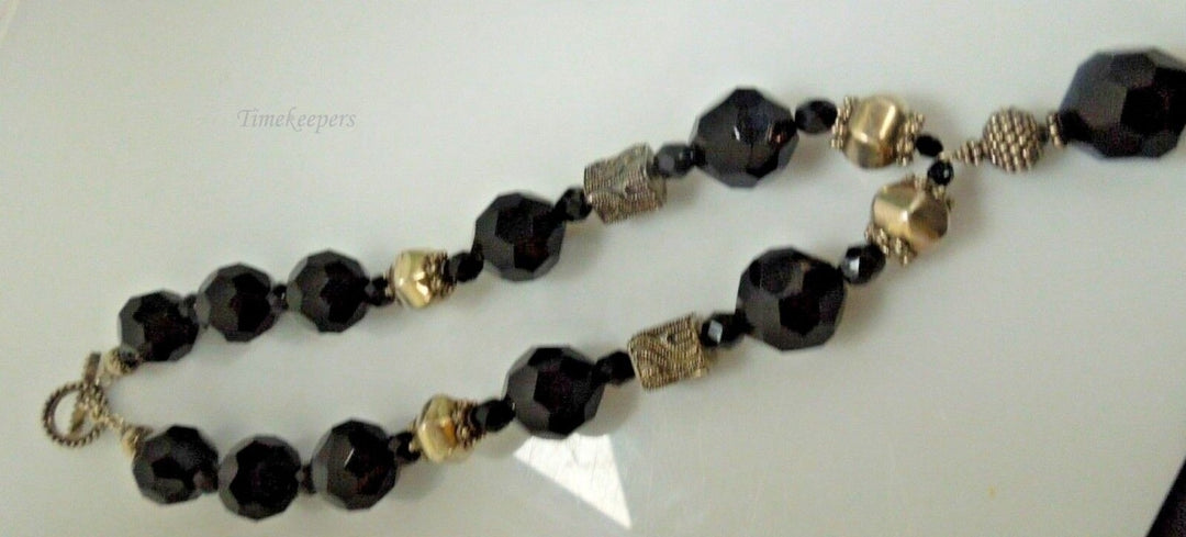 r447 Sterling Silver Black Onyx Chunky Beads marcasite Toggle Necklace 20"