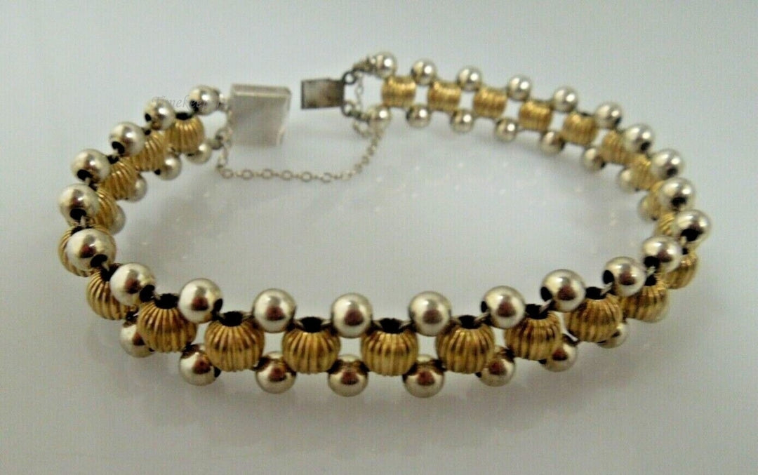 r472 Sterling Silver gold silver beads balls Bracelet with safety chain signed