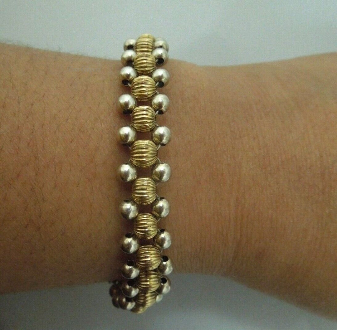 r472 Sterling Silver gold silver beads balls Bracelet with safety chain signed