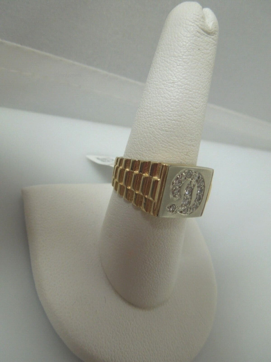 r481 (14KT) Yellow Gold Unisex D Ring Size 8.75(USA) Signed Diamond .12 cts