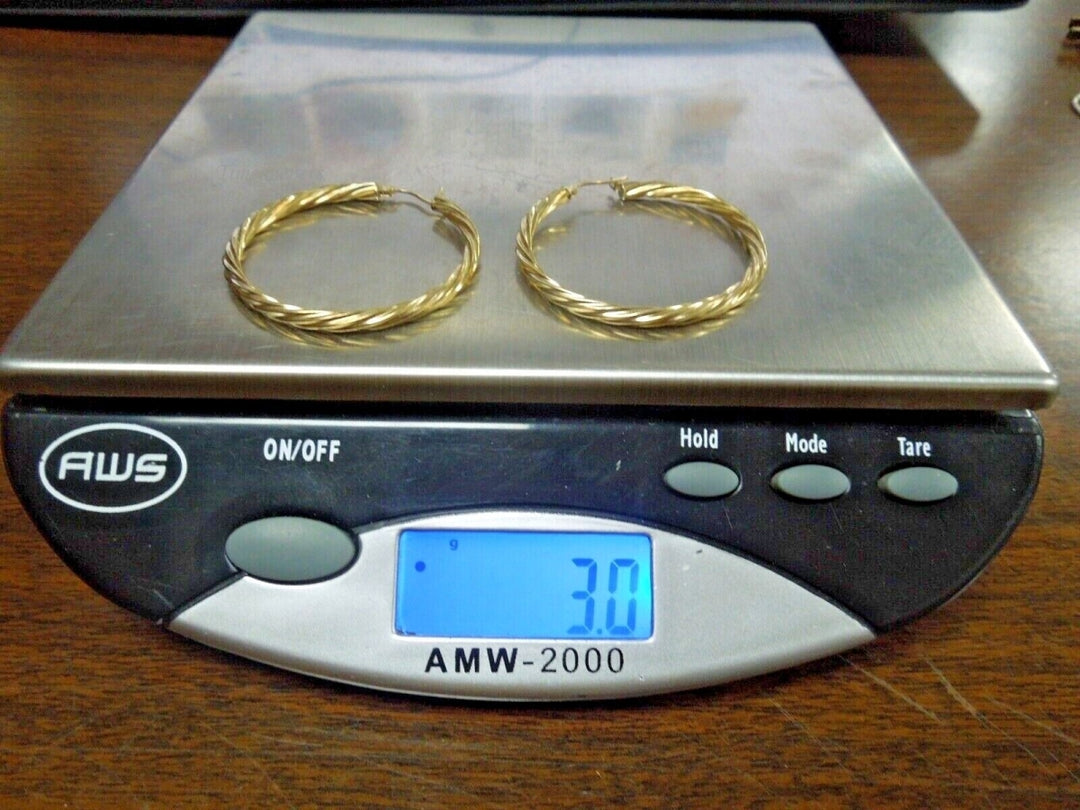 r729 Lovely pair of Sterling Silver 925 Gold tone Twisted Hoop Earrings Marked 3g 1.5" Diameter