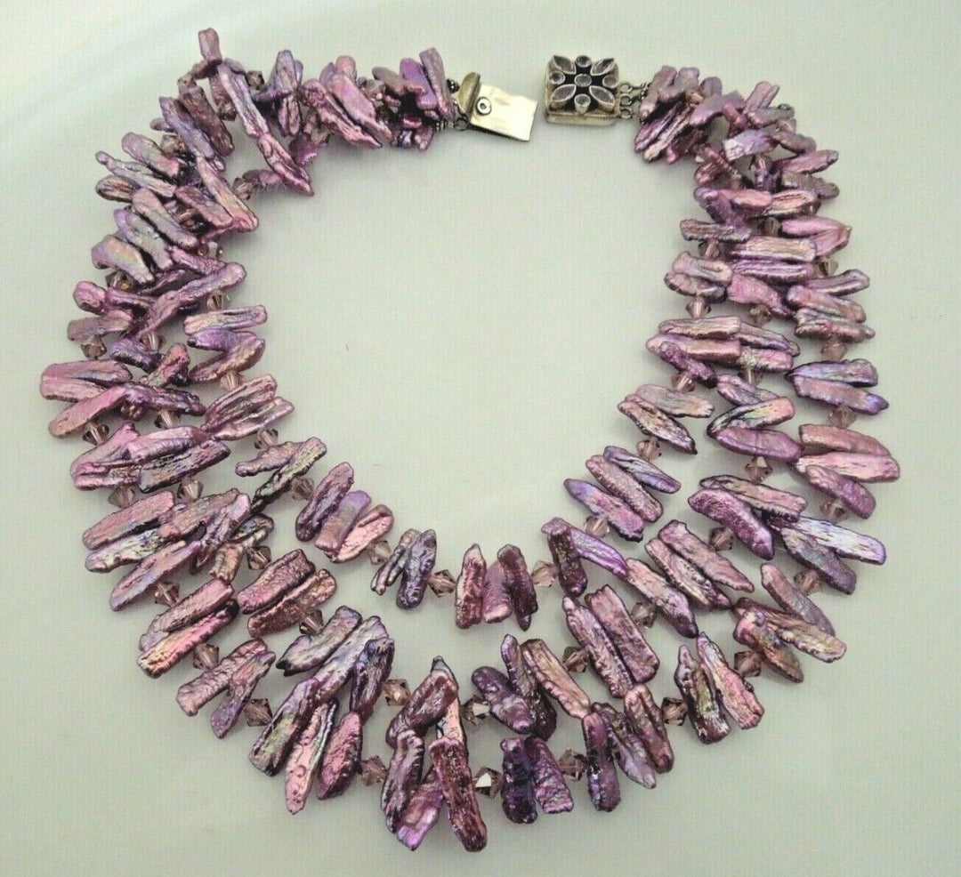 s068 Vintage Crystal Dyed Keshi Pearl Bib Collar Necklace 20" Very Pretty