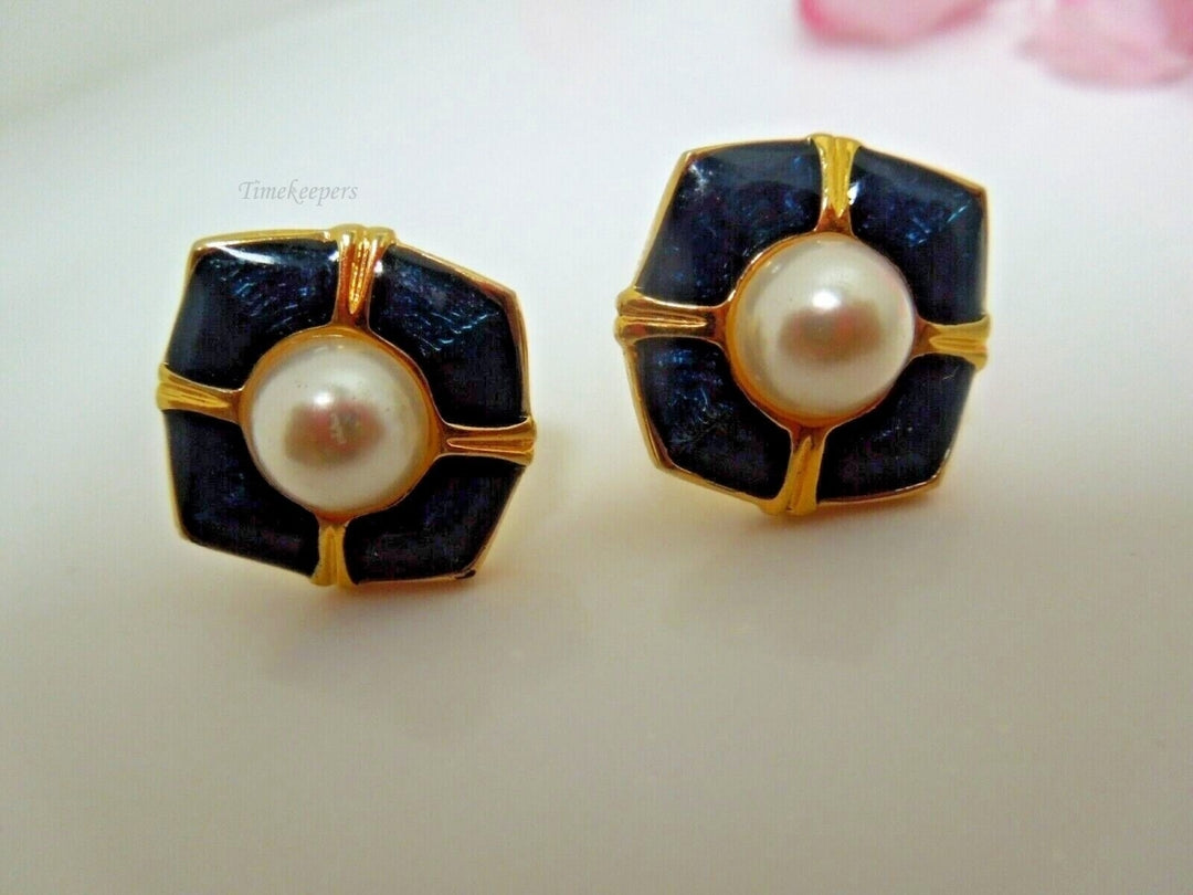 r929 Vintage Blue Enamel Pearl Cufflinks Men's Jewelry