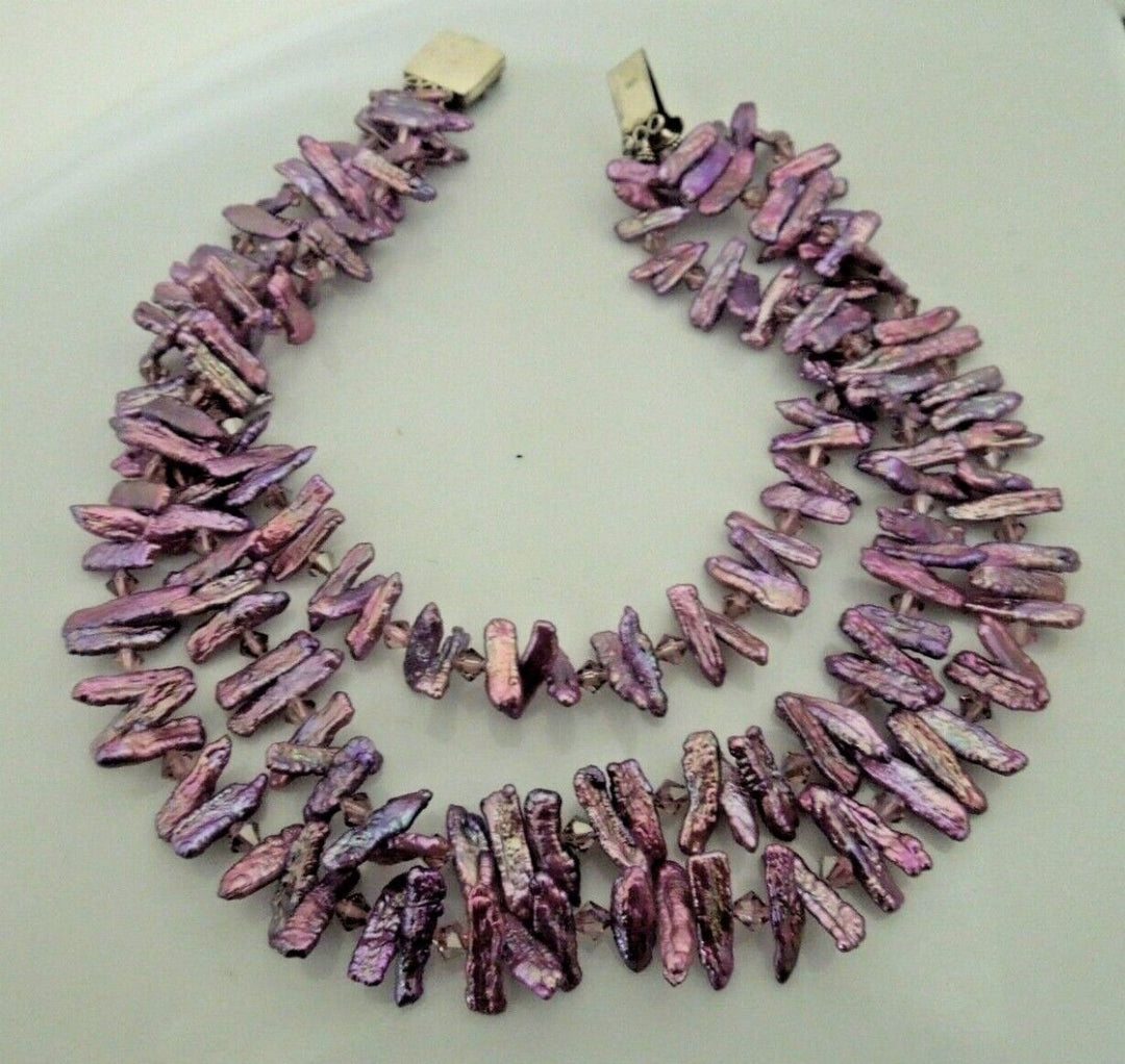 s068 Vintage Crystal Dyed Keshi Pearl Bib Collar Necklace 20" Very Pretty