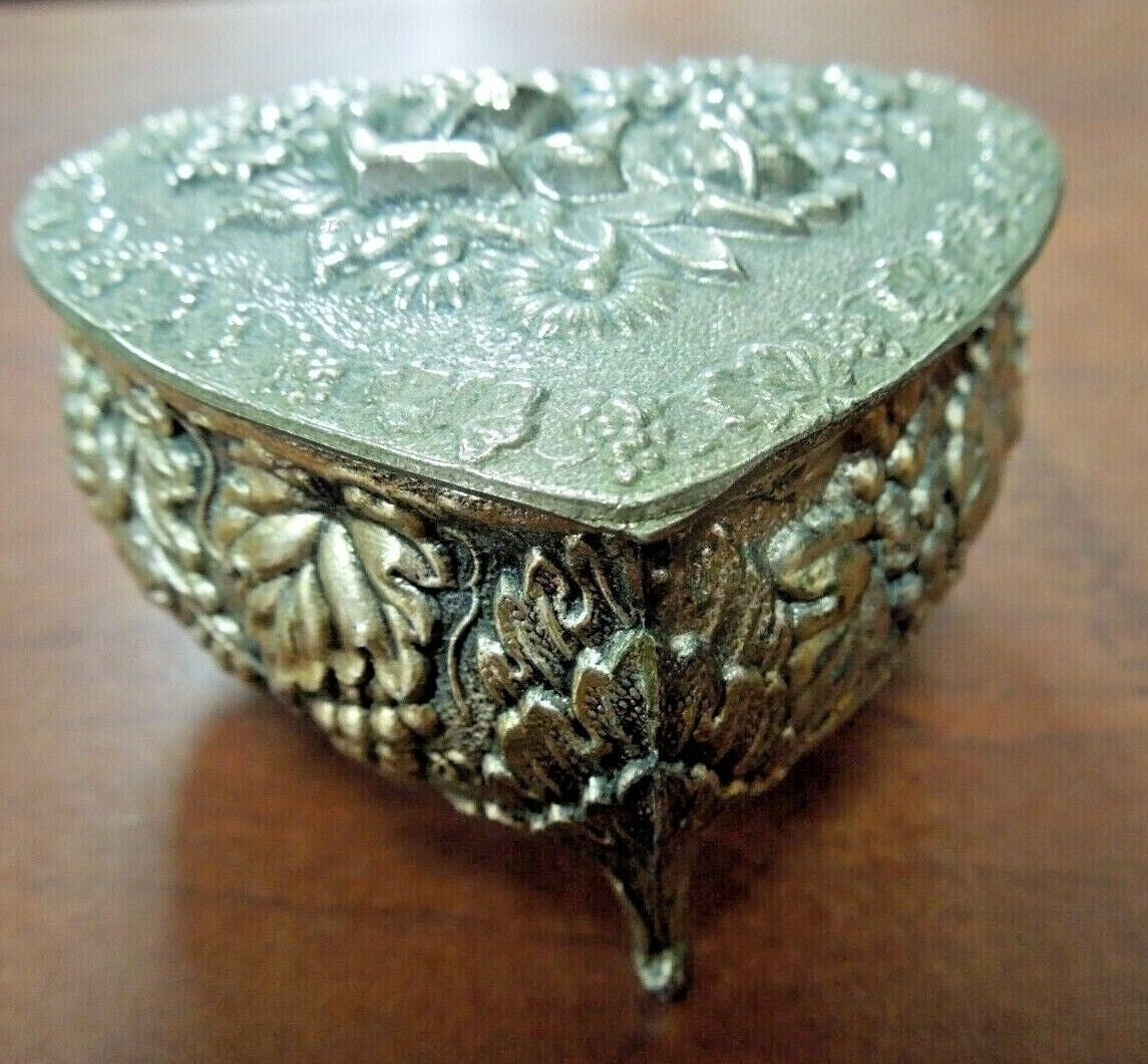 Ornate Vintage Metal Jewelry Box * Round 2024 with Hinged Lid * Lined * Multiple Colors of Glass Accents * Eclectic Decor