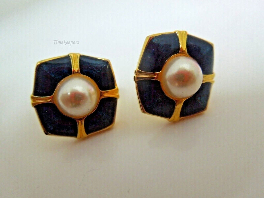 r929 Vintage Blue Enamel Pearl Cufflinks Men's Jewelry