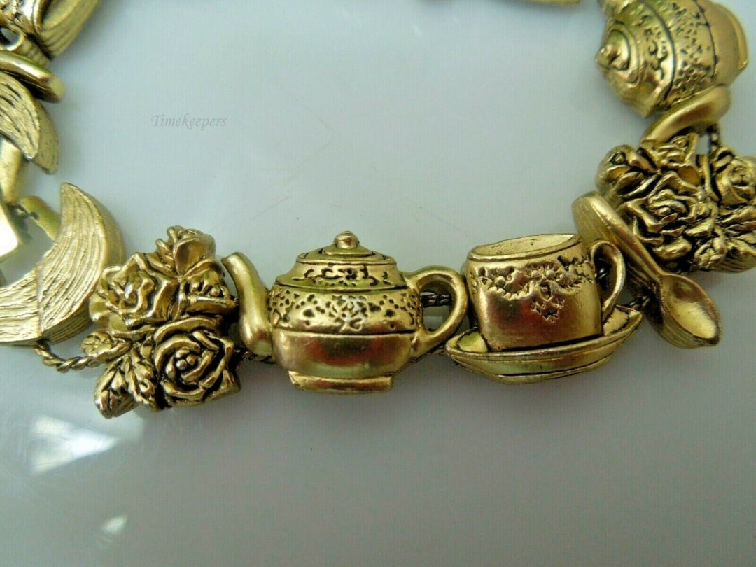 q775 Tea Cup And Flowers Charm Bracelet,Brass Tea Cup And Roses Link Bracelet