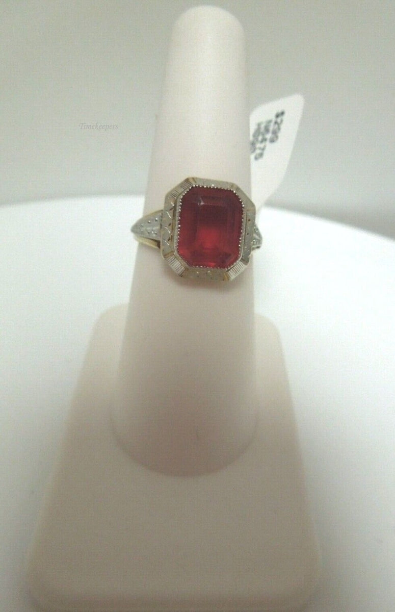 r939 10kt White Yellow Gold Synthetic Ruby Ring Size 6.5(USA) Signed 2.8g